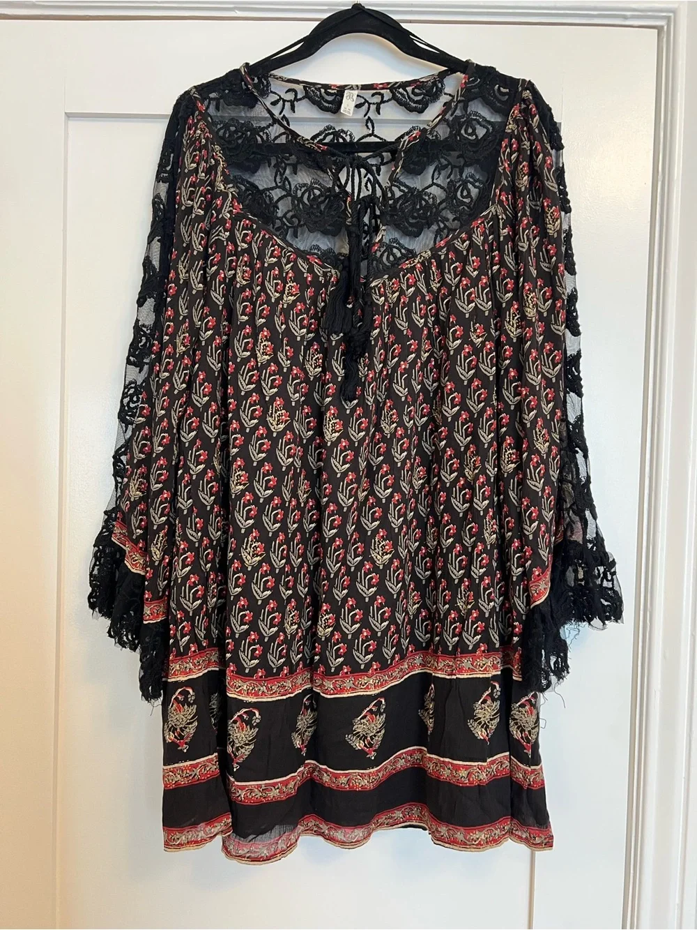 Free People Nomad Printed Chiffon Tunic Dress Black Combo Size M